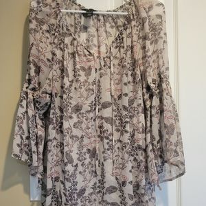 Sheer Printed Bell Sleeve Fared Tunic